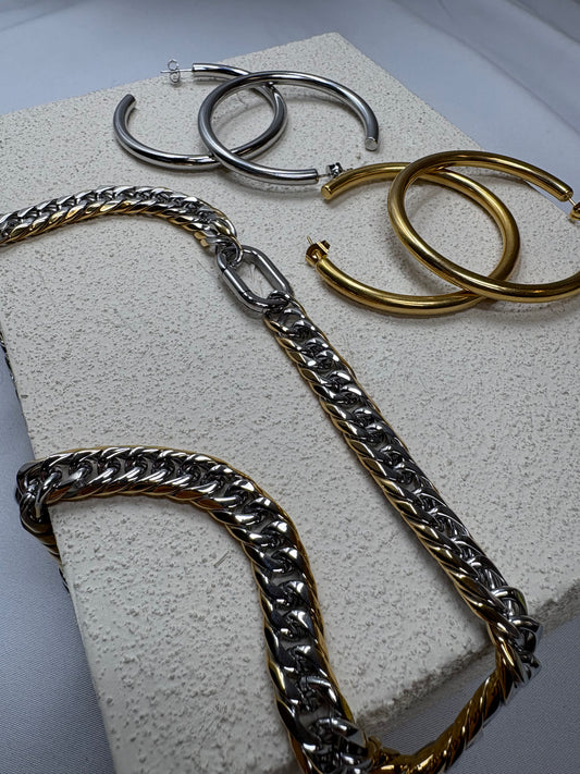 Mixed Metals Hoops And Necklace Trio