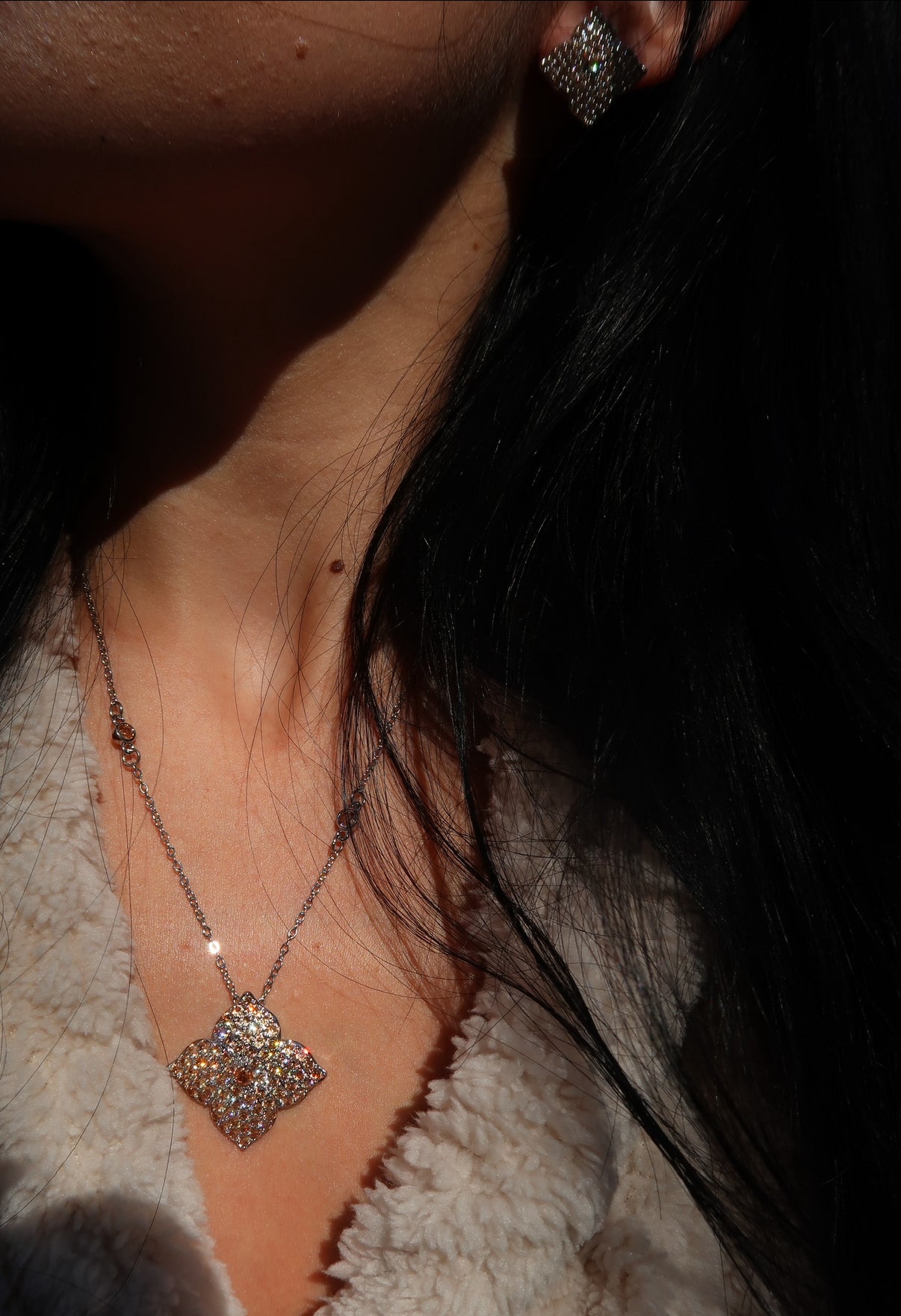 Crystal Champagne Blossom 316L Stainless Steel Necklace and Earrings Duo