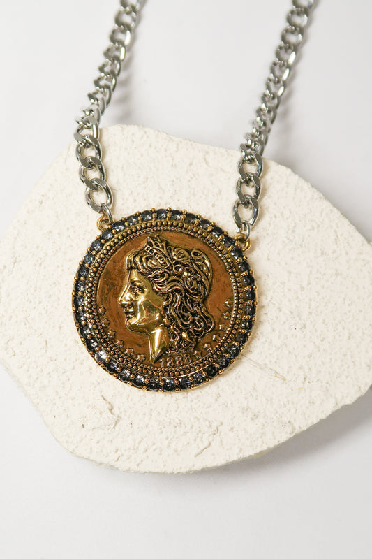 Year of Chic Medallion Onyx Crystal Two Tone 316L Stainelss Steel Necklace