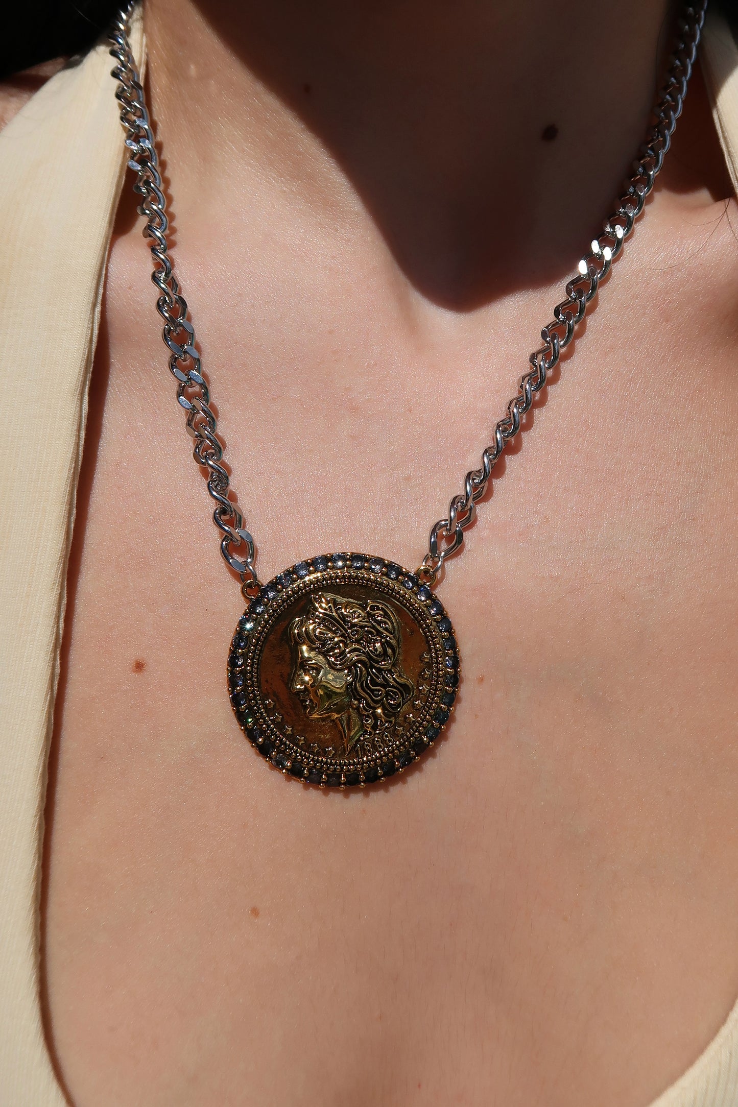 Year of Chic Medallion Onyx Crystal Two Tone 316L Stainelss Steel Necklace