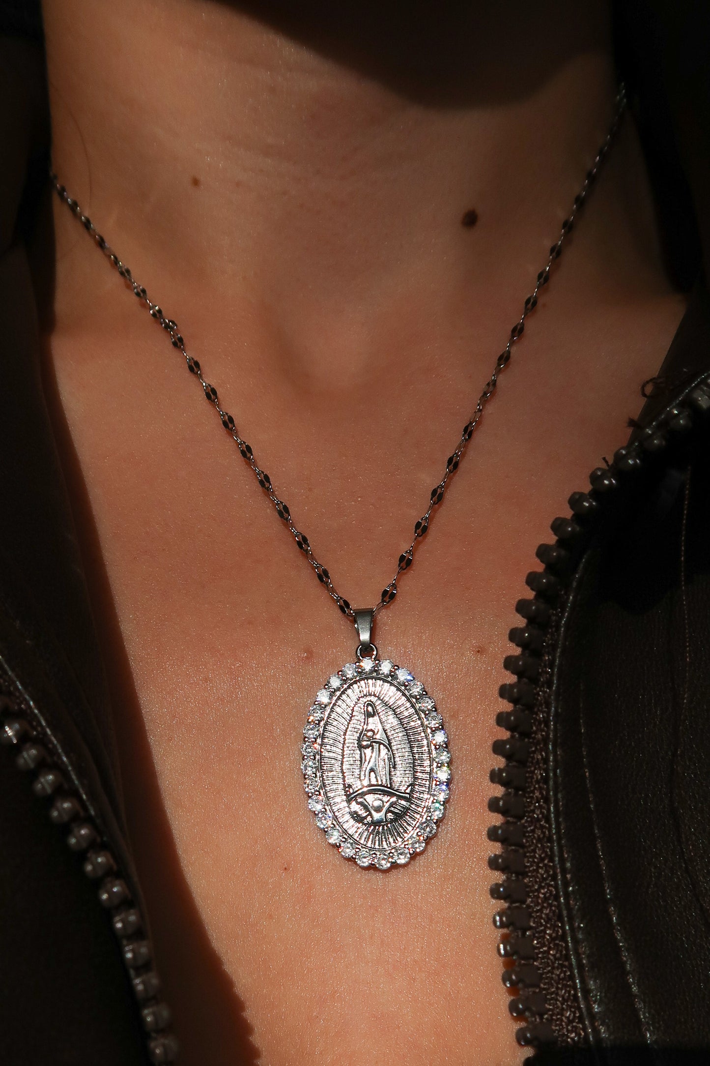 Blessed Mother 316L Sterling Silver Crystal Pendant Necklace