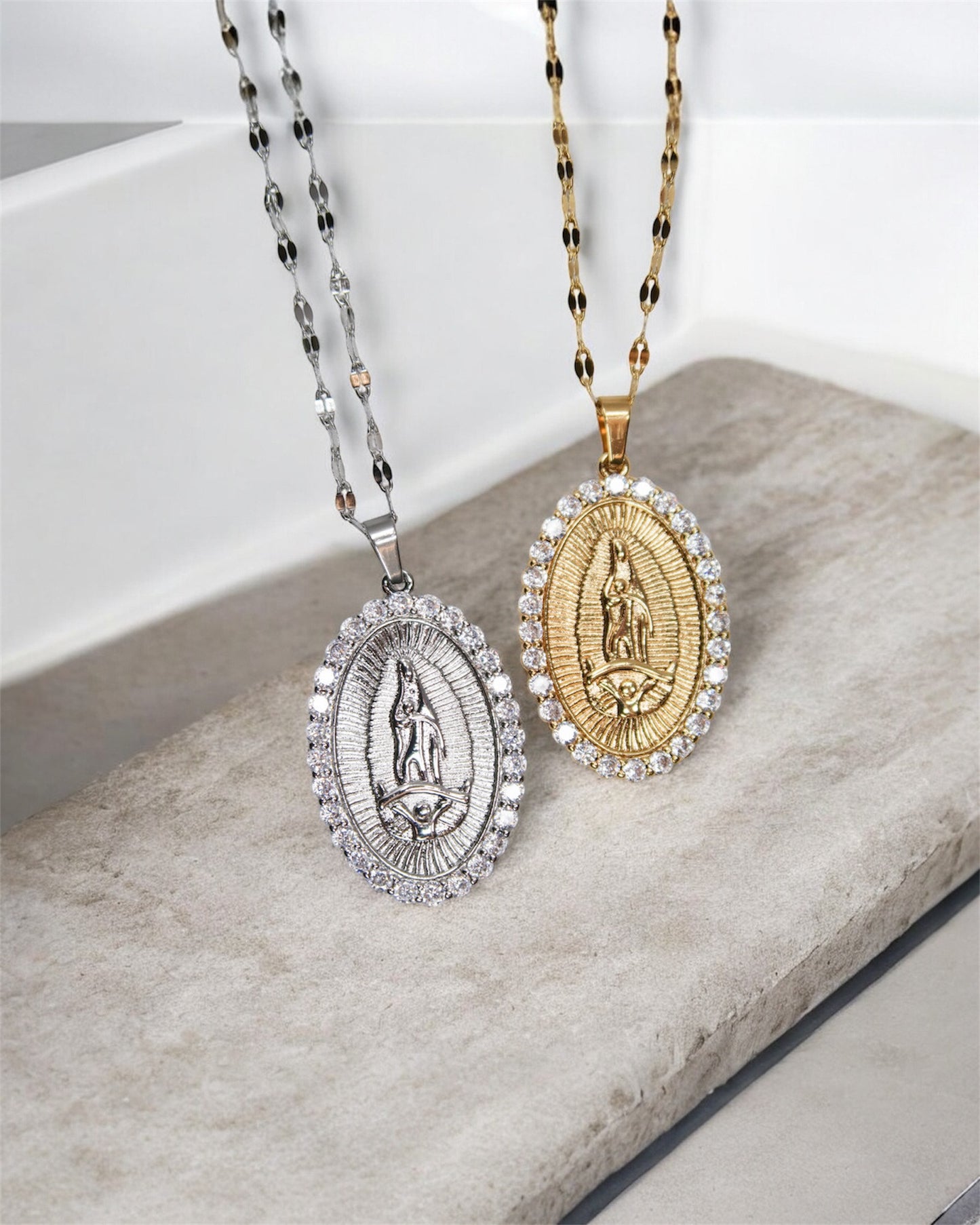 Blessed Mother 316L Sterling Silver Crystal Pendant Necklace