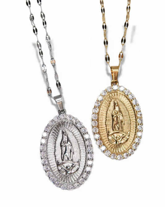 Blessed Mother 316L Sterling Silver Crystal Pendant Necklace