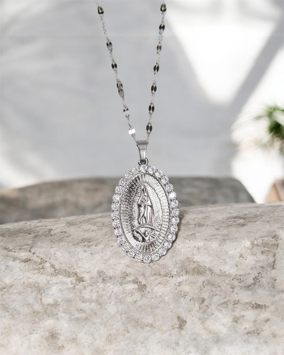 Blessed Mother 316L Sterling Silver Crystal Pendant Necklace