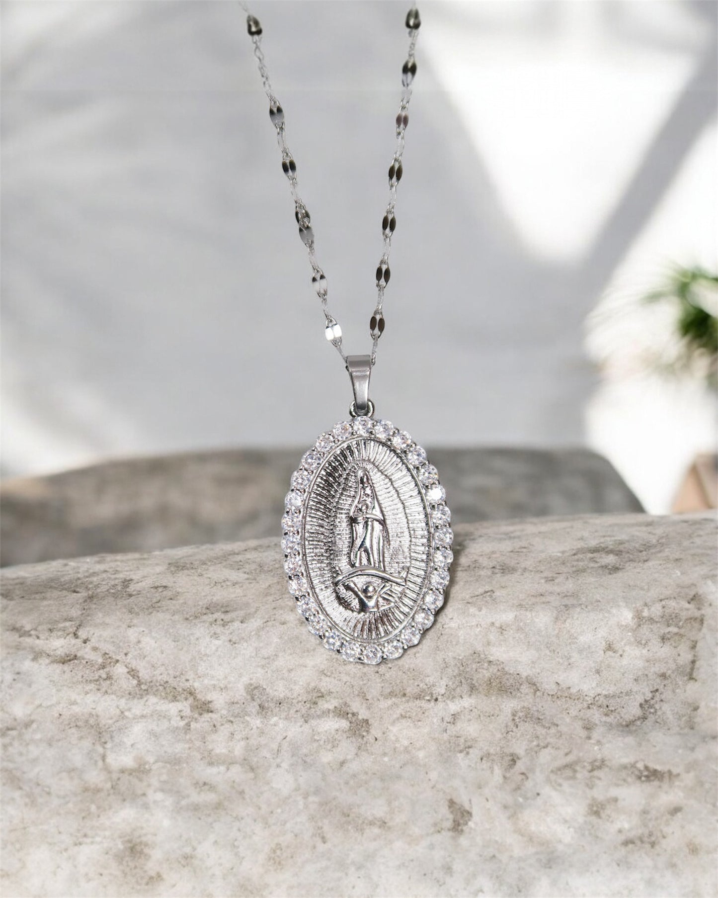 Blessed Mother 316L Sterling Silver Crystal Pendant Necklace