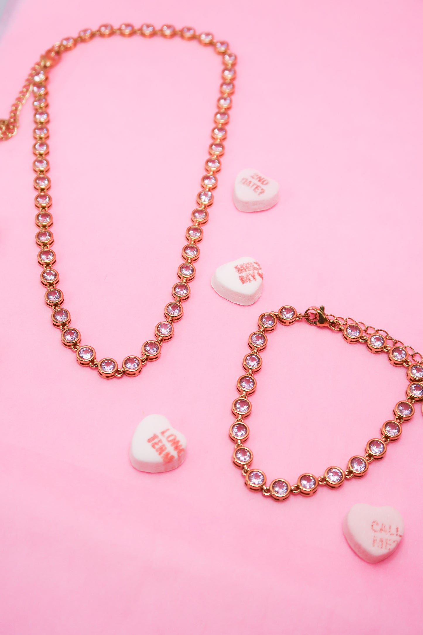 Pink Kisses Tennis Necklace and Bracelet Duo 316L Stainless Steel