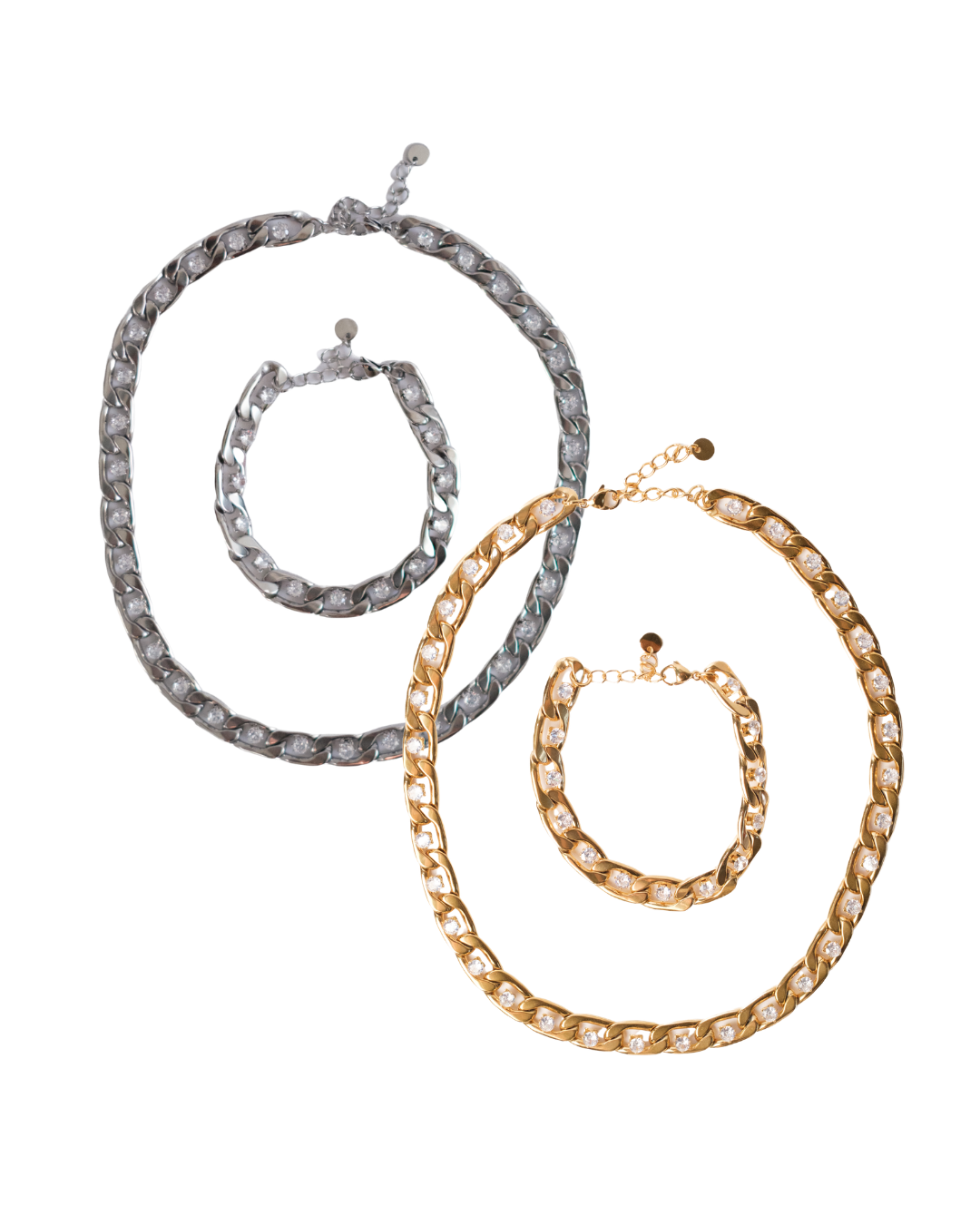Boss Energy Crystal Cuban Link Necklace and Bracelet 316L Stainless Duo