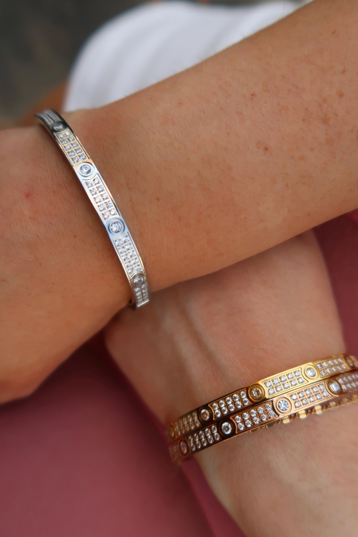 Elevated Full Crystal Bangle 316L Stainless Steel Trio