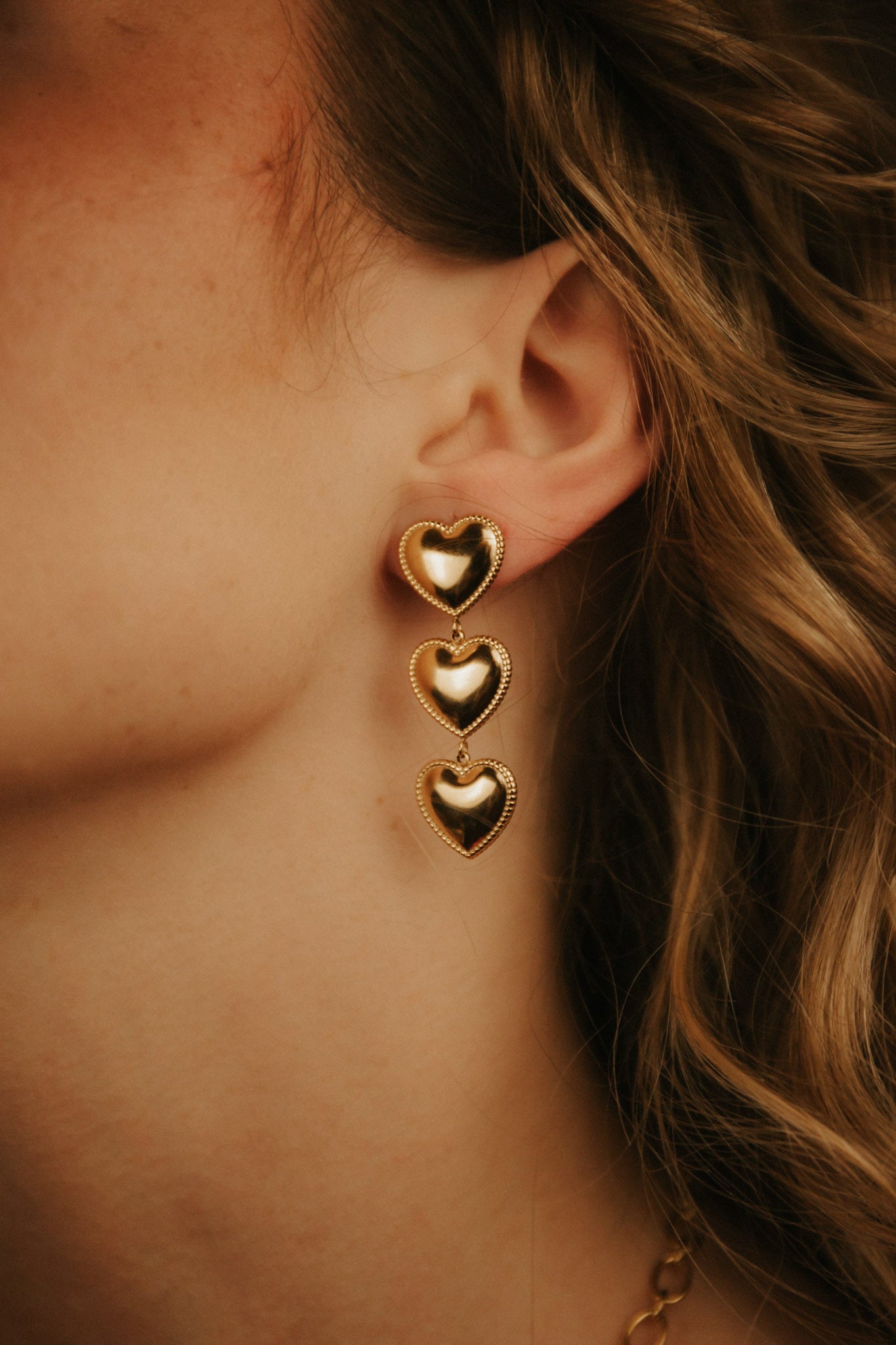 Triple Golden Heart 316L Dangle Earrings